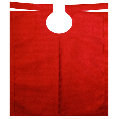 The AMPri patient gown with PE coating from AMPri Handelsgesellschaft mbH in red features a round handle cutout at the top center. The gift bag looks flat and unused and has a simple rectangular shape that resembles a patient gown.