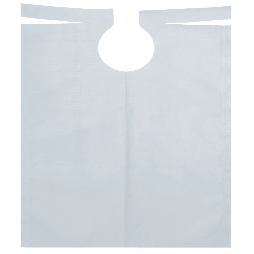The AMPri patient gown with PE coating, available in various colors and measuring 500 x 600 mm, is a disposable plastic apron with a rounded neck opening and two ties at the top. This patient bib, specially designed for dental procedures, from AMPri Handelsgesellschaft mbH is laid flat on a solid background, showcasing its rectangular shape with PE coating and smooth texture. Each roll contains 80 pieces.