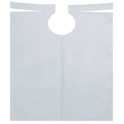 The AMPri patient gown with PE coating, available in various colors and measuring 500 x 600 mm, is a disposable plastic apron with a rounded neck opening and two ties at the top. This patient bib, specially designed for dental procedures, from AMPri Handelsgesellschaft mbH is laid flat on a solid background, showcasing its rectangular shape with PE coating and smooth texture. Each roll contains 80 pieces.