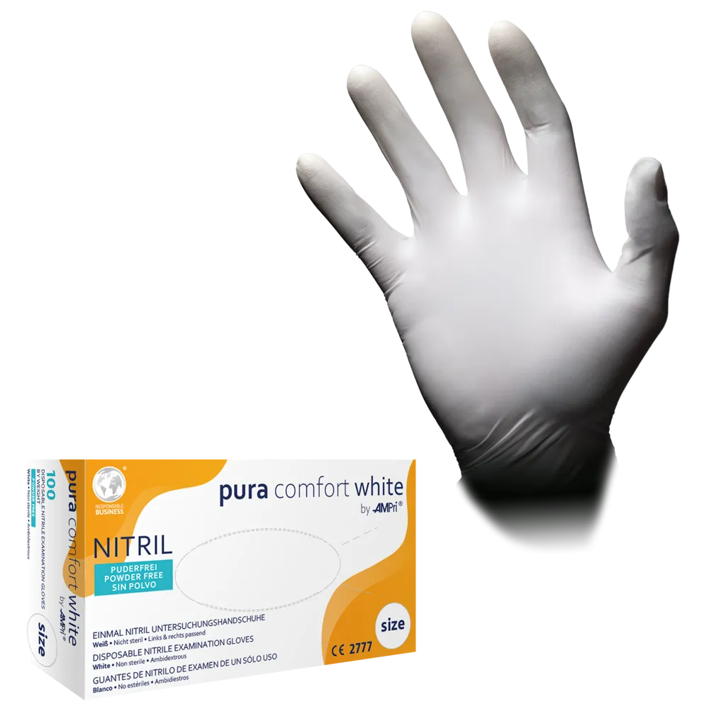 White nitrile gloves from AMPri Handelsgesellschaft mbH in a box with the label "AMPri Puracomfort WHITE Nitrile Gloves, White" and product details in multiple languages. The box indicates that the gloves are ambidextrous, intended for single use, powder-free, and suitable for examination protection.