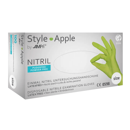 Pictured is a box of AMPri STYLE APPLE powder-free nitrile gloves from MED-COMFORT, apple green by AMPri Handelsgesellschaft mbH. The gloves are latex-free, non-sterile, and suitable for both hands. The text on the box is mainly in German and includes glove size and certification details.