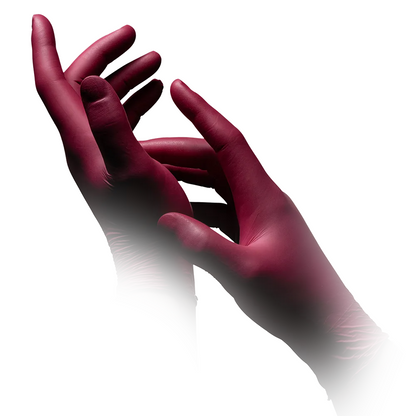 Close-up of two hands wearing AMPri STYLE GRAPE powder-free nitrile gloves by MED-COMFORT in Bordeaux, with one hand gently grasping the wrist of the other. The background is white and gradually fades around the wrists.