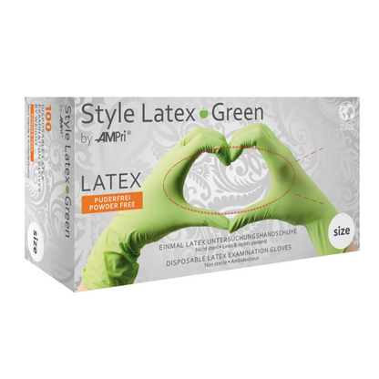 The AMPri STYLE GREEN powder-free latex gloves from MED-COMFORT by AMPri Handelsgesellschaft mbH are delivered in a box of 100 pieces. The packaging shows hands forming a heart shape with the green gloves. These gloves are powder-free, intended for single use, and non-sterile.