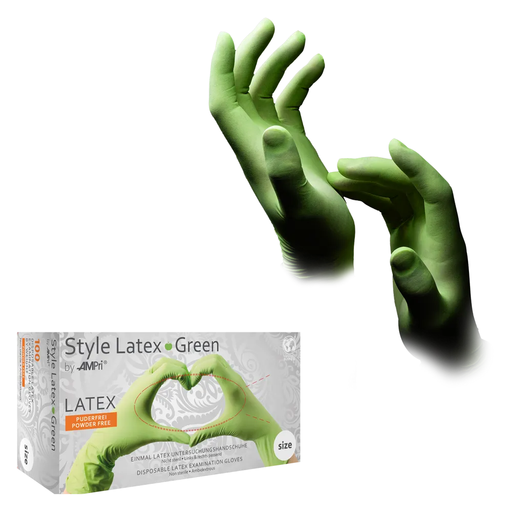 Pictured is a pair of green latex gloves with slightly curved fingers. Below, a product package with the inscription "AMPri STYLE GREEN" from AMPri Handelsgesellschaft mbH presents these chemical protection gloves as latex, powder-free, and for single use in a pack of 100 pieces.
