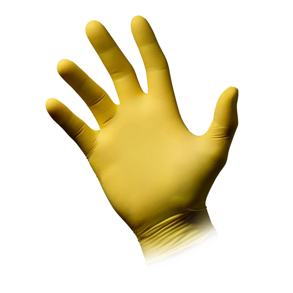 A single AMPri STYLE LEMON Nitrile Glove by MED-COMFORT in Yellow is shown palm up with splayed fingers. The glove looks unused and clean, has a smooth texture, and a cuff at the bottom. Against a plain white background, the yellow powder-free nitrile glove from AMPri Handelsgesellschaft mbH stands out prominently.