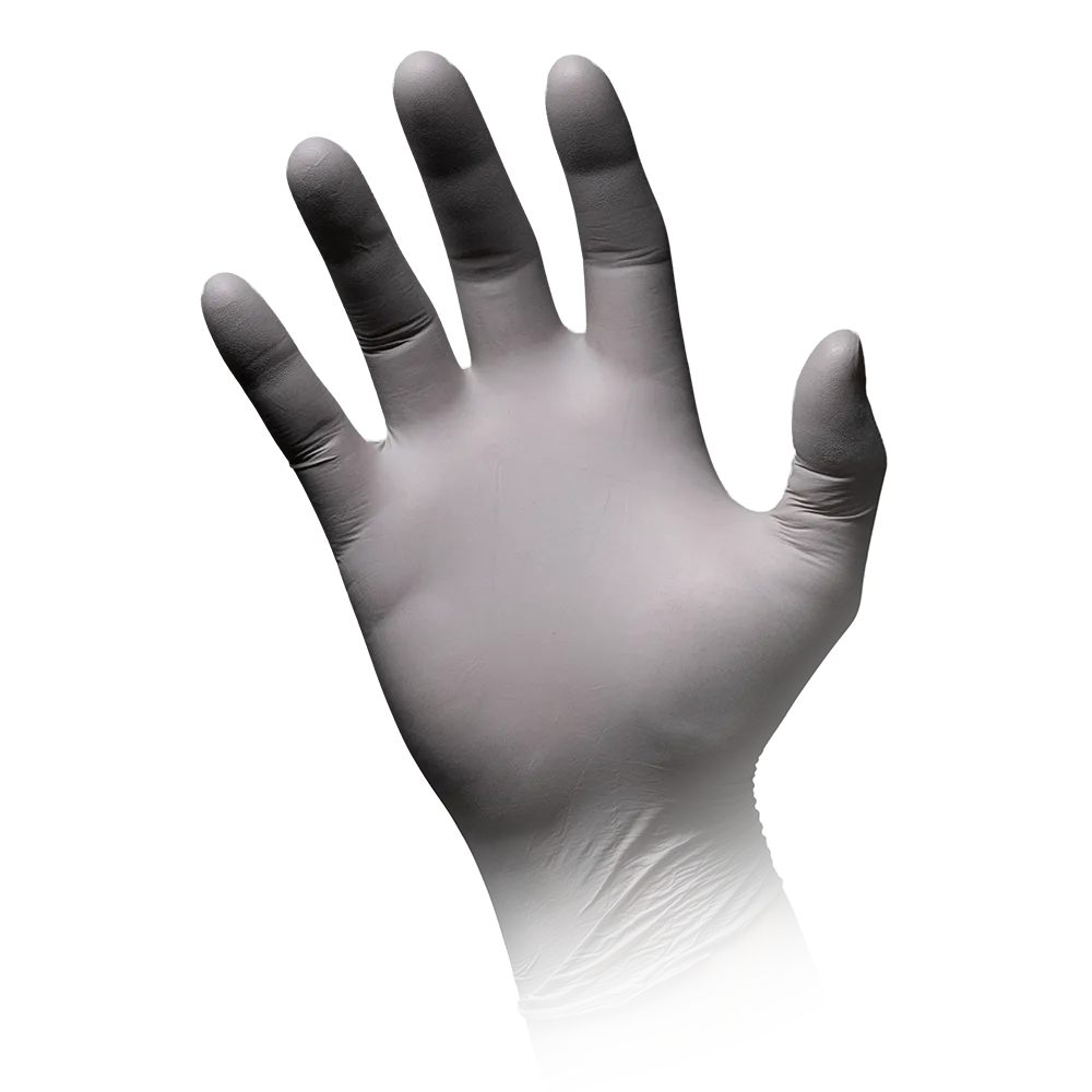 A single left hand with a silver-gray nitrile glove is depicted with fingers spread. The image shows AMPri STYLE PLATINUM powder-free nitrile gloves by MED-COMFORT of the AMPri Handelsgesellschaft mbH, focusing on the palm and the front of the fingers. The wrist area is slightly blurred. The background is plain white.