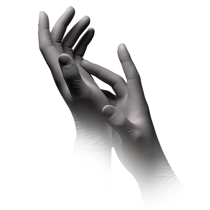 A grayscale image shows two hands wearing AMPri STYLE PLATINUM powder-free nitrile gloves by MED-COMFORT in silver-gray from AMPri Handelsgesellschaft mbH. One hand lightly clasps the other, both are stretched upwards with extended fingers. The background is completely white, and the lower parts of the wrists gradually transition into the silver-gray background.