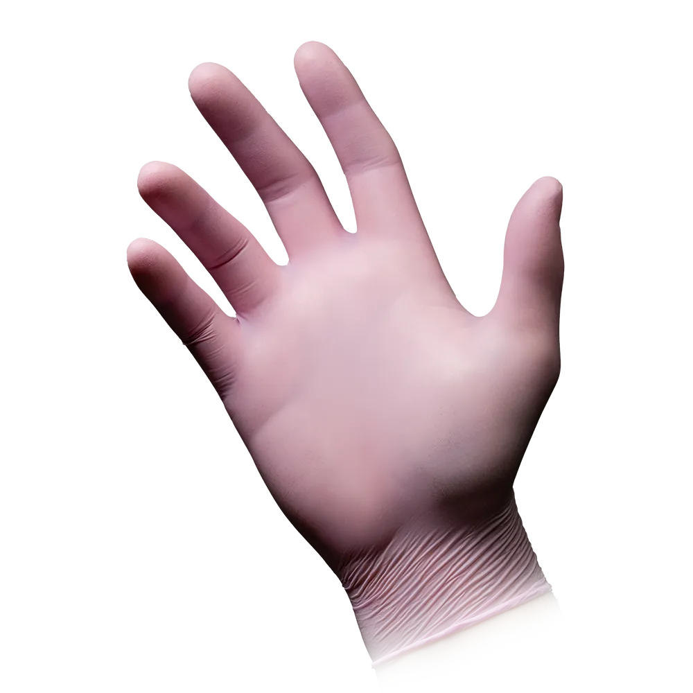Eine linke Hand trägt einen AMPri STYLE STRAWBERRY Nitrilhandschuhe puderfrei von MED-COMFORT, Rosa. Der hellrosa Handschuh schmiegt sich eng an Finger und Handgelenk an. Der weiße Hintergrund hebt den Handschuh perfekt hervor.