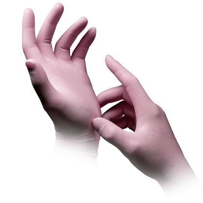 A person wearing AMPri STYLE STRAWBERRY nitrile gloves powder-free by MED-COMFORT in pink from AMPri Handelsgesellschaft mbH uses their right hand to adjust the glove on their left hand. The light pink gloves have a smooth texture against the clean, white background.