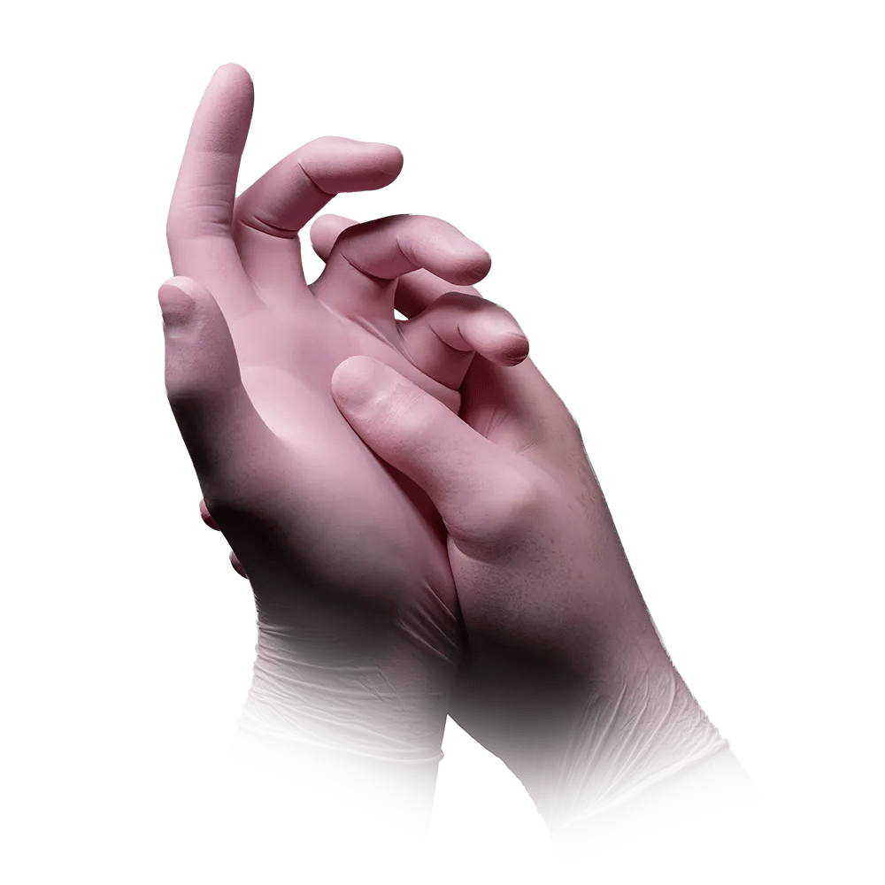 Depicted is a pair of hands wearing AMPri STYLE STRAWBERRY nitrile gloves powder-free by MED-COMFORT, pink, by AMPri Handelsgesellschaft mbH. One hand gently clasps the other wrist against a plain white background.