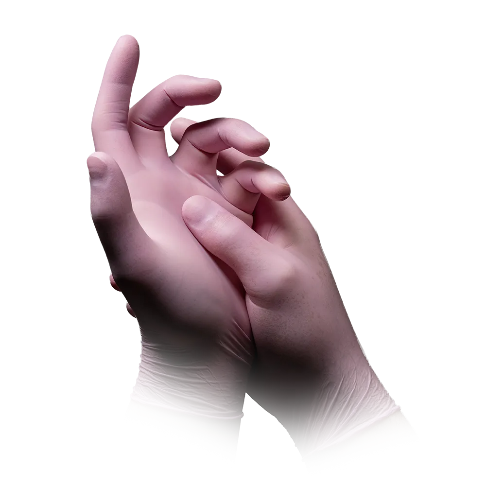Abgebildet ist ein Paar Hände, die AMPri STYLE STRAWBERRY Nitrilhandschuhe puderfrei von MED-COMFORT, Rosa, der AMPri Handelsgesellschaft mbH tragen. Eine Hand umklammert sanft das andere Handgelenk vor einem schlichten weißen Hintergrund.