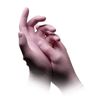 Depicted is a pair of hands wearing AMPri STYLE STRAWBERRY nitrile gloves powder-free by MED-COMFORT, pink, by AMPri Handelsgesellschaft mbH. One hand gently clasps the other wrist against a plain white background.