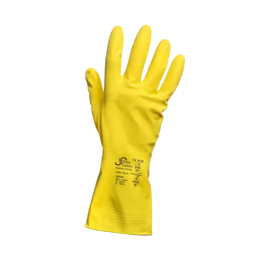 The AMPri SolidSafety ChemL chemical protection gloves, designed for the food industry and available in sizes S to L, are yellow rubber gloves from AMPri Handelsgesellschaft mbH. They feature visible text and symbols on the cuff and are presented on a white background with an open hand and outstretched fingers.