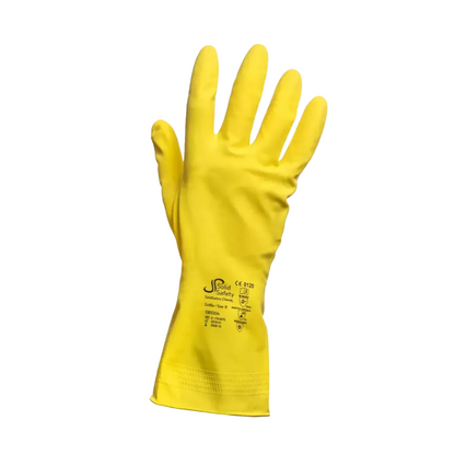 The AMPri SolidSafety ChemL chemical protection gloves, designed for the food industry and available in sizes S to L, are yellow rubber gloves from AMPri Handelsgesellschaft mbH. They feature visible text and symbols on the cuff and are presented on a white background with an open hand and outstretched fingers.