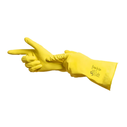 A pair of yellow chemical protection gloves AMPri SolidSafety ChemL, manufactured by AMPri Handelsgesellschaft mbH, is equipped with text on the wrist area of the right glove, making them ideal for use in the food industry. The gloves are depicted with one hand facing outward and the other adjusting the wrist area.