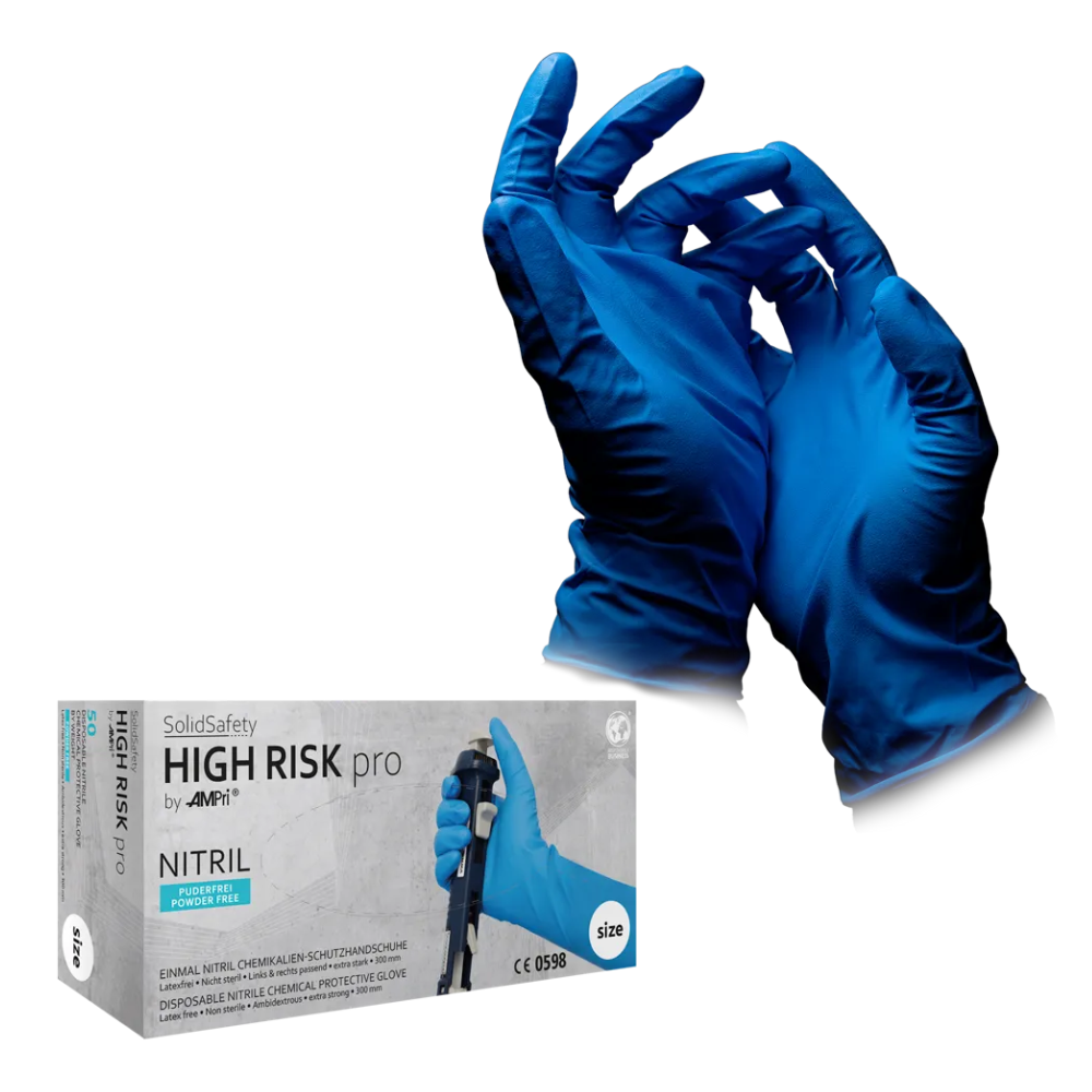 A box of AMPri SolidSafety High Risk Pro Nitrile Chemical Protective Gloves Type A is presented next to a pair of gloved hands. The blue nitrile gloves offer protection against chemicals. The packaging shows product details and the branding of AMPri Handelsgesellschaft mbH.