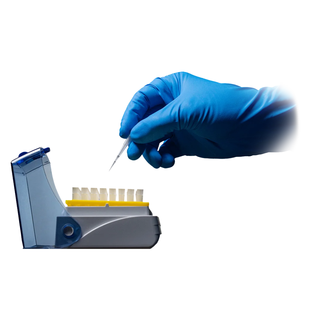 A gloved hand, protected by AMPri SolidSafety High Risk Pro Nitrile Chemical Protective Gloves Type A from AMPri Handelsgesellschaft mbH, holds a pipette over a row of small white sample tubes in a lab tray. The tray is partially covered with a transparent blue lid, ensuring an organized workspace. The flawless background emphasizes the sterile laboratory environment.