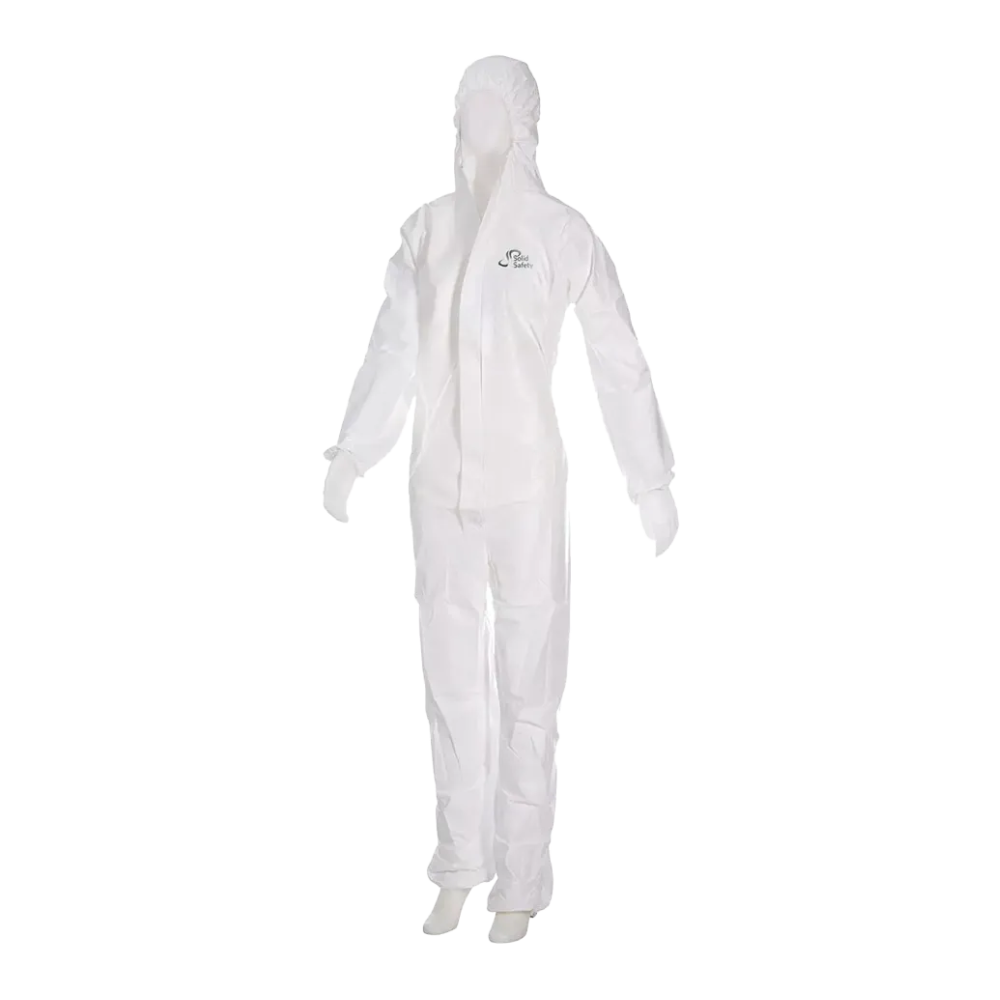 The AMPri SolidSafety protective overall Profi 2, available in sizes L to XXXL and manufactured by AMPri Handelsgesellschaft mbH, is displayed on a mannequin. This white protective suit features a hood and long sleeves, a zipper, and an embroidered logo. Its microporous film membrane offers enhanced protection for professionals in various environments and is therefore ideal for anyone needing high-performance safety equipment.