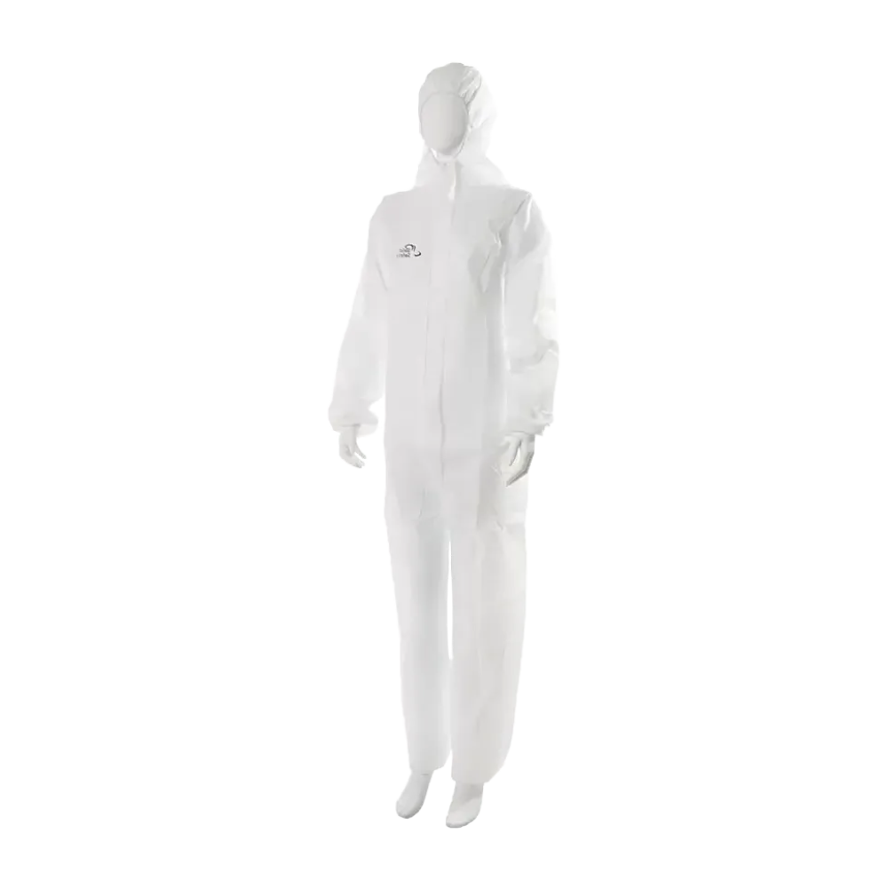 A mannequin is wearing the SolidSafety Protective Overall Standard 1 with a hood from AMPri Handelsgesellschaft mbH, available in sizes L to XXXL. This white full-body protective suit features a front zipper and has a logo on the top left. It is designed for breathable comfort and provides comprehensive protection with its long sleeves and long legs.