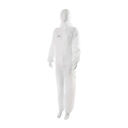 A mannequin is wearing the SolidSafety Protective Overall Standard 1 with a hood from AMPri Handelsgesellschaft mbH, available in sizes L to XXXL. This white full-body protective suit features a front zipper and has a logo on the top left. It is designed for breathable comfort and provides comprehensive protection with its long sleeves and long legs.