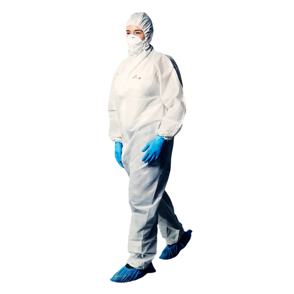 A person is wearing an AMPri Handelsgesellschaft mbH SolidSafety Protective Overall Standard 1 with a hood, L - XXXL, and presents this white full-body suit, which offers multi-layered protection and breathable comfort. They are also wearing a hood and mask to ensure safety, complemented by blue gloves and shoe covers. When walking forward, only the face remains uncovered.
