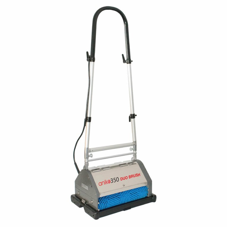 The Arcora Aniko 350 Duo Brush Machine with Rotating Brush System from Arcora International GmbH features a black handle, a silver housing, a visible blue rotating brush system at the bottom, and a left-sided power cable for professional cleaning.