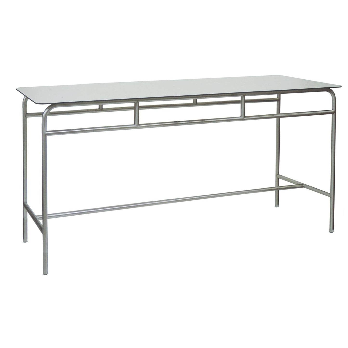 The Novocal work and side table features an elegant stainless steel frame and a white solid core worktop. It offers a minimalist style and is practical - ideal as a console table against a white background.