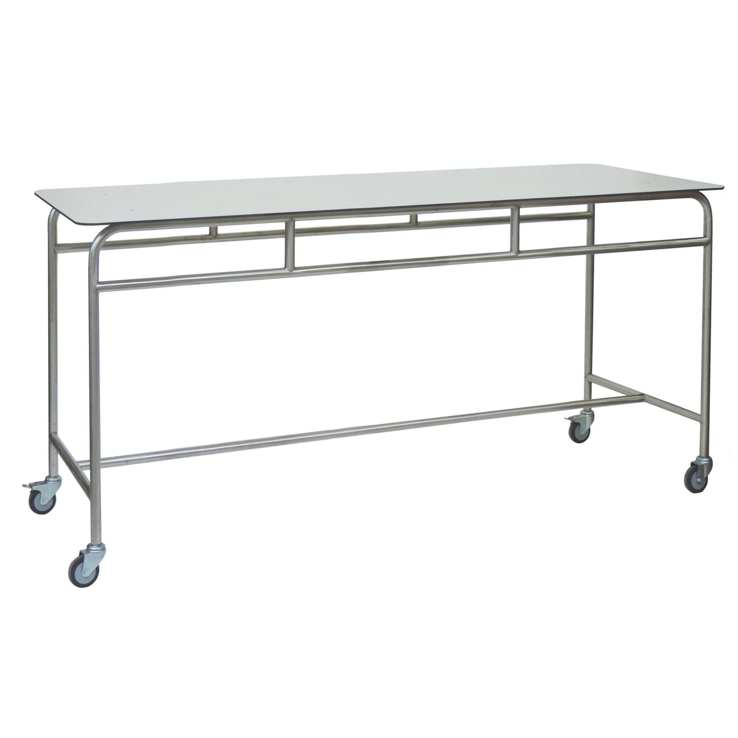 The Novocal work and storage table features a robust stainless steel frame and a white solid core material worktop, which is mobile with four swivel casters - perfect as a versatile table for professional use.