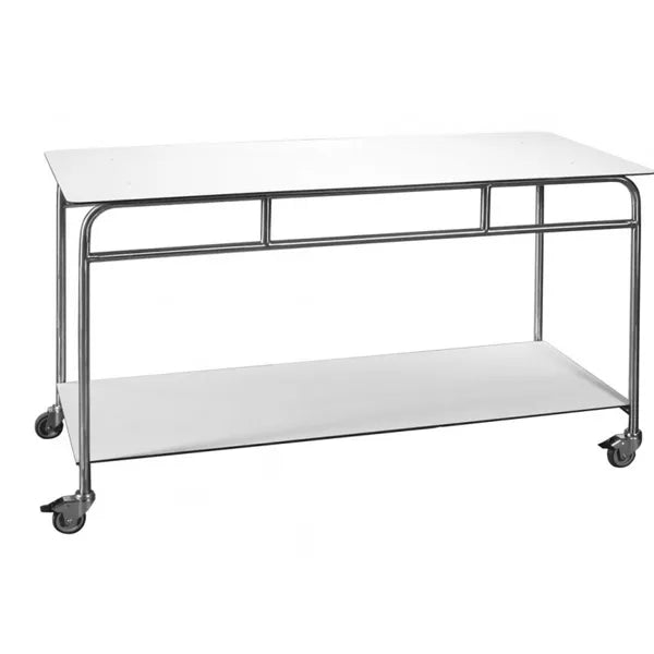 The Novocal work and side table features a stainless steel frame and a white solid core top. It is easy to transport and store, and with its robust design and wheels, it is ideal as a work table.