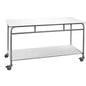 The Novocal work and side table features a stainless steel frame and a white solid core top. It is easy to transport and store, and with its robust design and wheels, it is ideal as a work table.