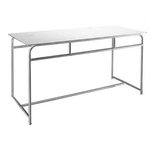 Der Novocal Arbeits- und Ablegetisch hat eine weiße Arbeitsplatte aus Vollkernmaterial und ein offenes Edelstahlgestell, ideal für hygienische Arbeitsplätze. Abgebildet ohne Schubladen und Einlegeböden, 1 Stück pro Packung, vor einem schlichten weißen Hintergrund.