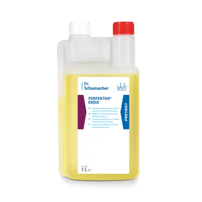 Eine 1-Liter-Kunststoffflasche PERFEKTAN® ENDO der Dr. Schumacher GmbH mit roter Kappe, gelber Flüssigkeit und weißem Etikett mit blauem und violettem Text - ideal für die sichere Endoskopaufbereitung.