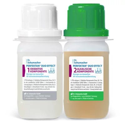 The Dr. Schumacher PERFEKTAN DUO EFFECT | Set (800 ml) from Dr. Schumacher GmbH contains two bottles: an oxidative component with a white cap and an alkaline disinfectant with a green cap for professional use.