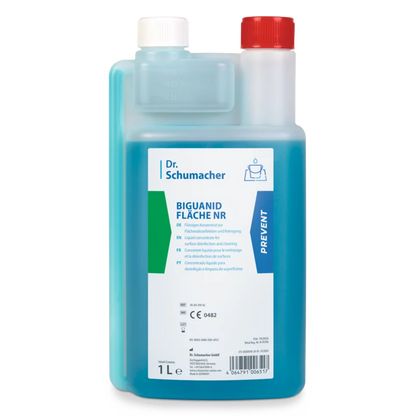 The 1-liter plastic bottle of Dr. Schumacher GmbH Biguanid Surface NR Surface Disinfection is equipped with a red cap, a white measuring cap, blue liquid, and a multilingual label with instructions for disinfecting medical surfaces.