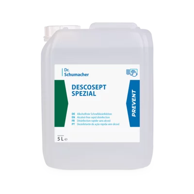 Transparent 5-liter plastic container of Dr. Schumacher Descosept Special rapid disinfectant from Dr. Schumacher GmbH with multilingual text, blue "PREVENT" stripe, white lid, and alcohol-free label on a light background.