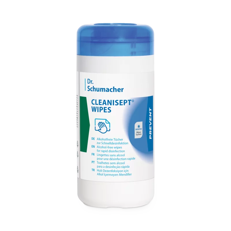 Ein weißer zylindrischer Behälter mit blauem Deckel und der Aufschrift "Dr. Schumacher Cleanisept Wipes Schnelldesinfektion" der Dr. Schumacher GmbH enthält alkoholfreie Tücher für die Schnelldesinfektion von Oberflächen.