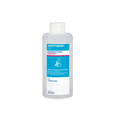 The clear 500-ml plastic bottle of Dr. Schumacher GmbH Aseptoman® Gel hand disinfectant gel is equipped with a blue-white label with red accents and a hand symbol on the front.
