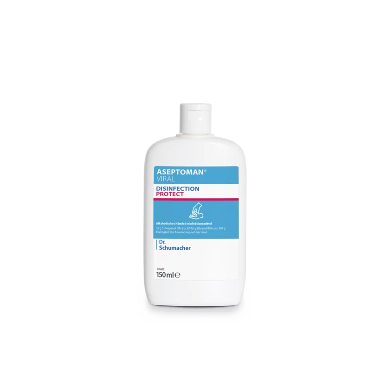 A white plastic bottle of Dr. Schumacher Aseptoman® Viral Hand Disinfection by Dr. Schumacher GmbH with blue and pink accents, containing 150 ml of the skin-friendly virucidal hand disinfectant, depicted on a plain white background.