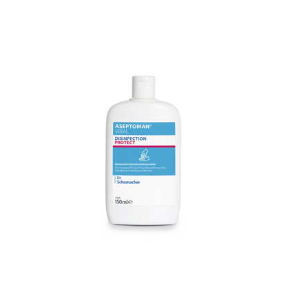 A white plastic bottle of Dr. Schumacher Aseptoman® Viral Hand Disinfection by Dr. Schumacher GmbH with blue and pink accents, containing 150 ml of the skin-friendly virucidal hand disinfectant, depicted on a plain white background.