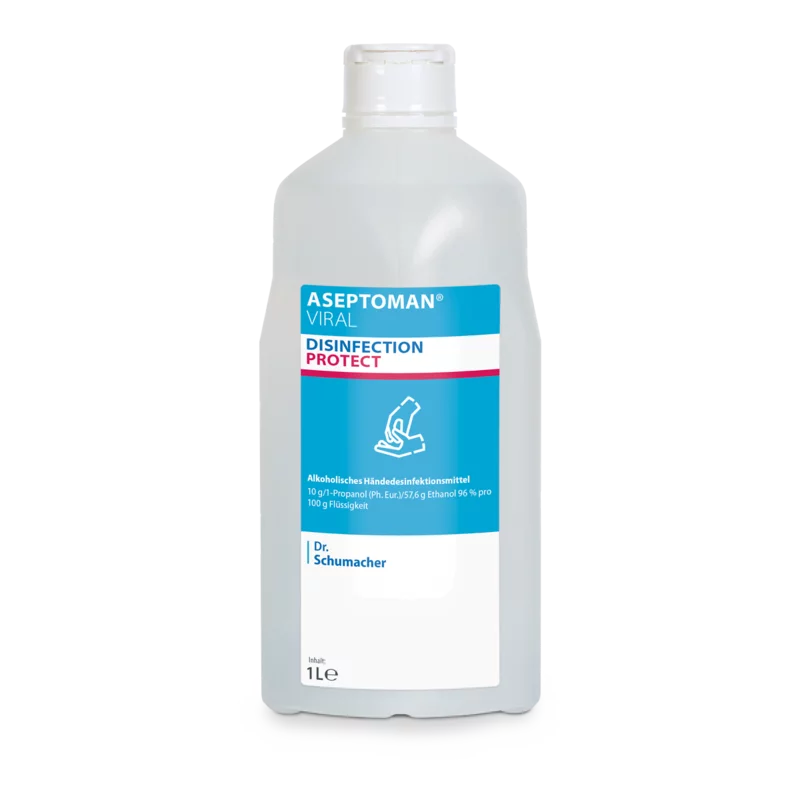 The Dr. Schumacher Aseptoman® Viral Hand Disinfection by Dr. Schumacher GmbH in the 1-liter plastic bottle with blue-white design and flip-top closure is labeled as virucidal and skin-friendly hand disinfectant.