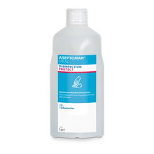 Die Dr. Schumacher Aseptoman® Virale Händedesinfektion der Dr. Schumacher GmbH in der 1-Liter-Kunststoffflasche mit blau-weißem Design und Flip-Top-Verschluss ist als viruzides und hautfreundliches Händedesinfektionsmittel gekennzeichnet.