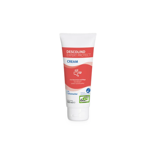 Die 100-ml-Tube Dr. Schumacher Descolind Expert Protect Cream Hautschutzcreme der Dr. Schumacher GmbH steht aufrecht auf weißem Grund mit rot-weißem Etikett - perfekt für den Handschutz bei allergiegefährdeter Haut.
