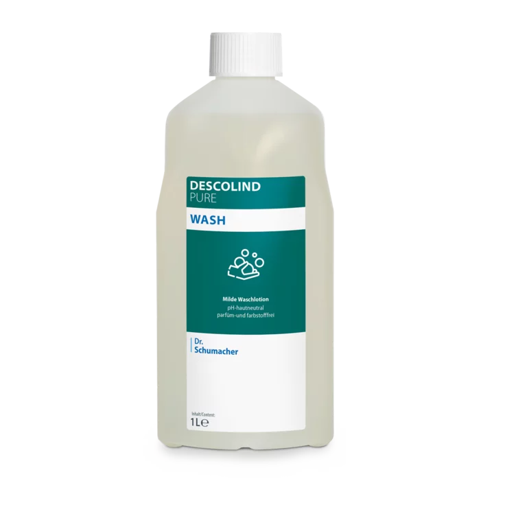 Dr. Schumacher Descolind Pure Wash Lotion by Dr. Schumacher GmbH in a 1-liter plastic bottle, pH-neutral and perfume-free for sensitive skin, with a white cap and green-white label with product information and hand wash symbol.