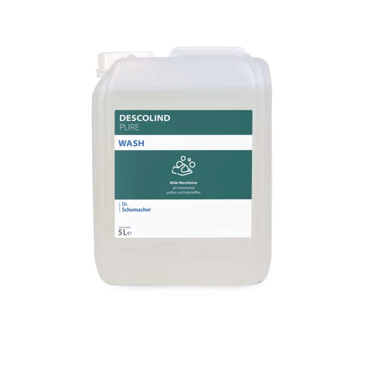 A 5-liter container of Dr. Schumacher Descolind Pure Wash Lotion by Dr. Schumacher GmbH made of clear plastic with a teal-white label featuring an icon with washed hands; this wash lotion is perfume-free.