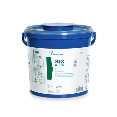 Pictured is a blue plastic cup Dr. Schumacher | Bucket (1 piece) from Dr. Schumacher GmbH with lid and handles against a white background. The label contains hygiene symbols and instructions for surface disinfection.