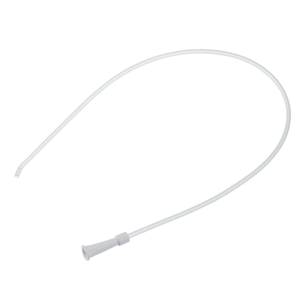 The image shows a B. Braun suction catheter type "Standard", Ch. 18, 52 cm, made of medical PVC for urinary use, with a flexible tube with a tapered end and connector, coiled to highlight its length and flexibility.