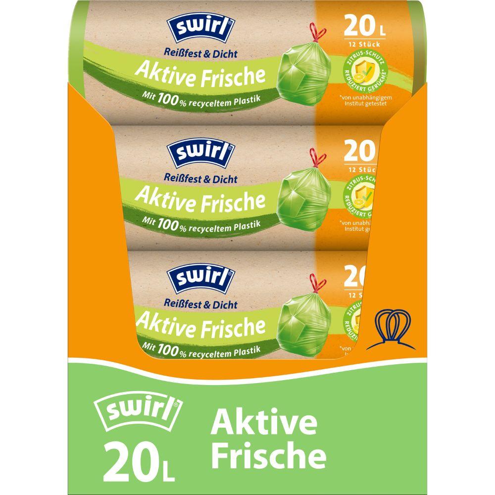 The Swirl Active Fresh Trash Bags 20l from Melitta Europa GmbH & Co. KG are delivered in a roll of 12, made of 100% recycled plastic, feature a citrus fresh system, and are available in green and orange colors with fresh leaf motifs on the label.