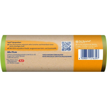 The image shows the packaging of the Swirl Active Fresh Trash Bag 60 l Tear-Resistant & Leak-Proof (8 bags) by Melitta Europa GmbH & Co. KG with product information, barcode, safety instructions, and the statement "100% recycled plastic" on a brown label with green accents.