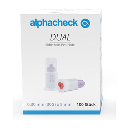 Pictured is a box of Alphacheck DUAL safety pen needles, various sizes by Berger Med GmbH. The box contains 100 needles, each with a size of 0.30 mm (30G) x 5 mm. The design consists of a needle in a protective sleeve and another needle outside, emphasizing double safety.