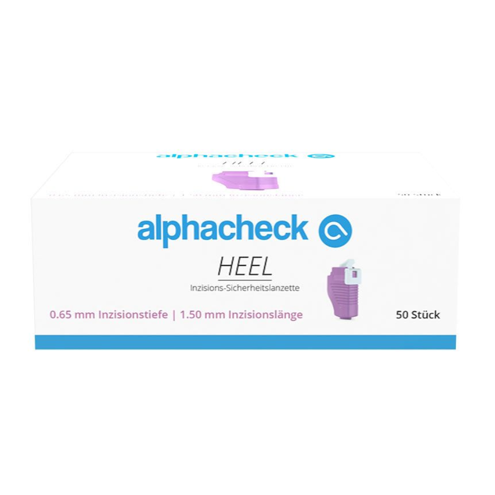 A box of Alphacheck HEEL incision safety lancets, various sizes from Berger Med GmbH, is intended for capillary blood collection. The mainly white box features blue and purple text with a small lancet image on the right side and indicates an incision depth of 0.65 mm and an incision length of 1.50 mm. It contains 50 pieces.